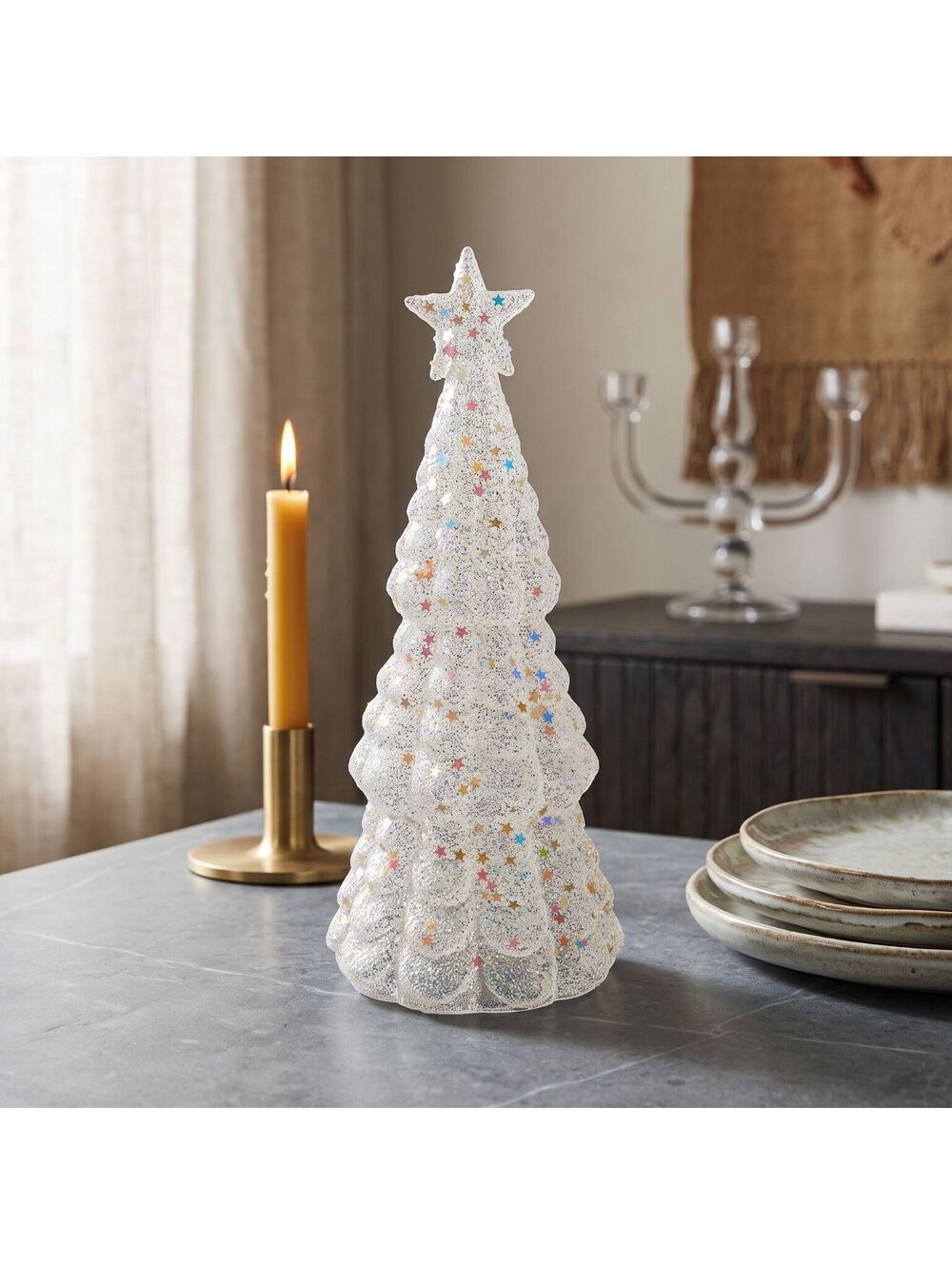 Vintage Light Up Glitter Christmas Tree Star Confetti Clear Holiday Decor 8"